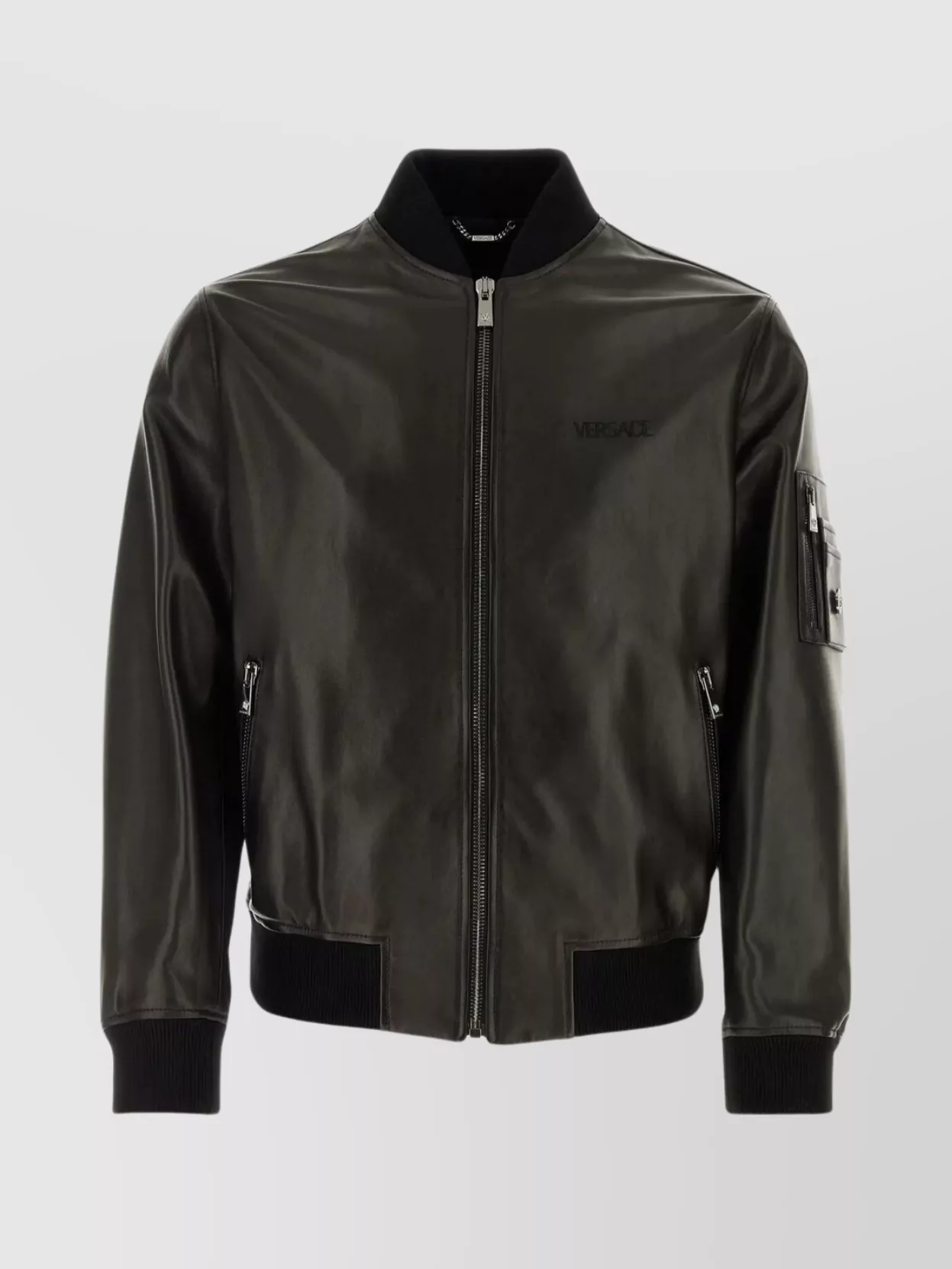 Versace Lamb Leather Bomber With Multiple Pockets In Brown