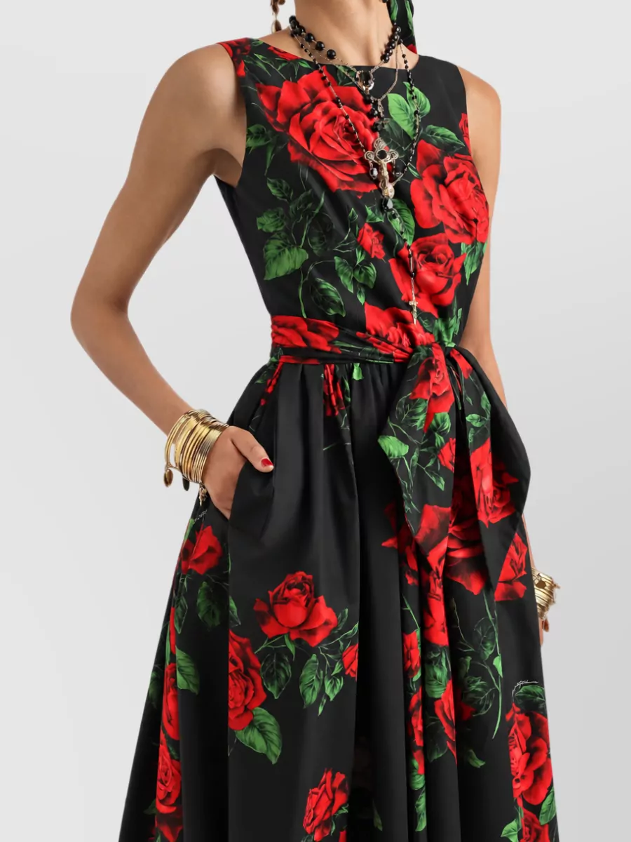 Dolce&Gabbana Cotton Sleeveless Boat Neck Floral Print Midi Dress