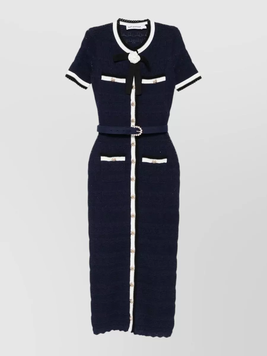 Self-Portrait pointelle knit slim-fit short-sleeve buttoned midi dress