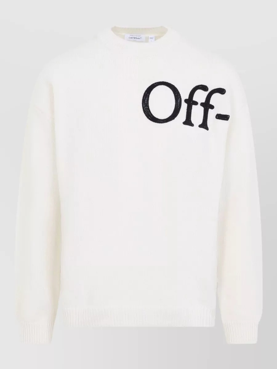 Off-White Wool Fine-Knit Logo-Print Crewneck Sweater