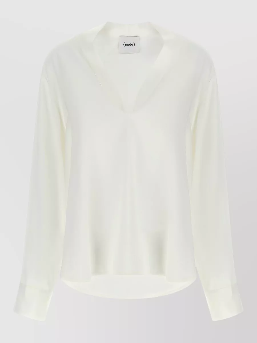 Nude asymmetric v-neck long-sleeve blouse