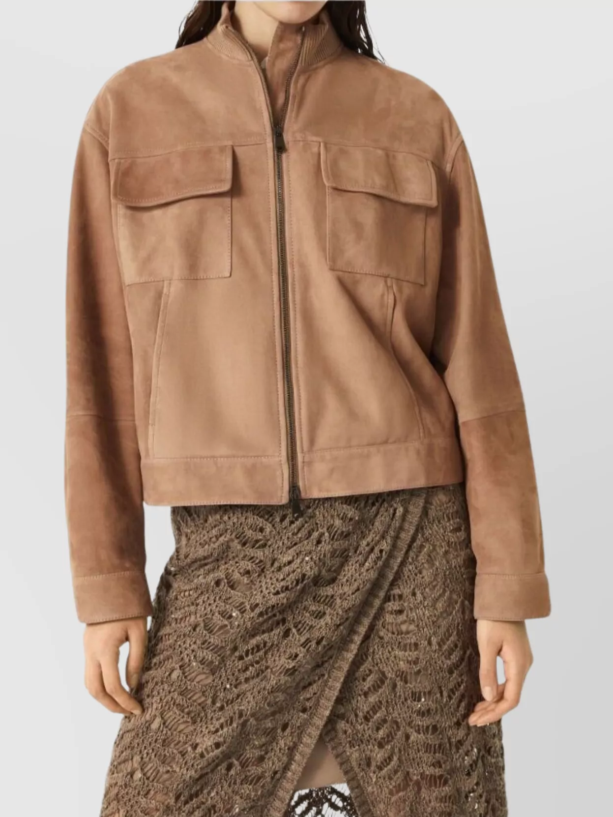 Brunello Cucinelli Ribbed Collar Suede Jacket With Multiple Pockets