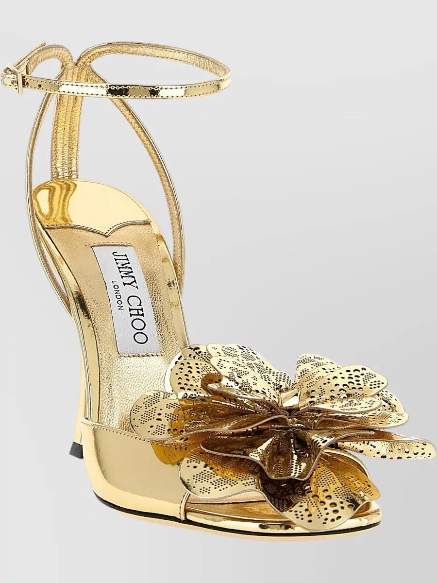 Jimmy Choo Mimmi Sandals Floral Embellishment Metallic Finish Open Toe