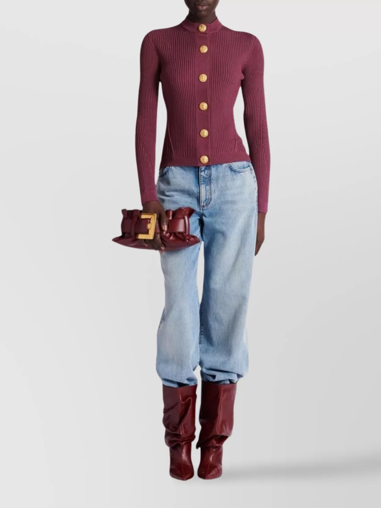 Balmain Fitted Cardigan Gold-tone Buttons In Burgundy