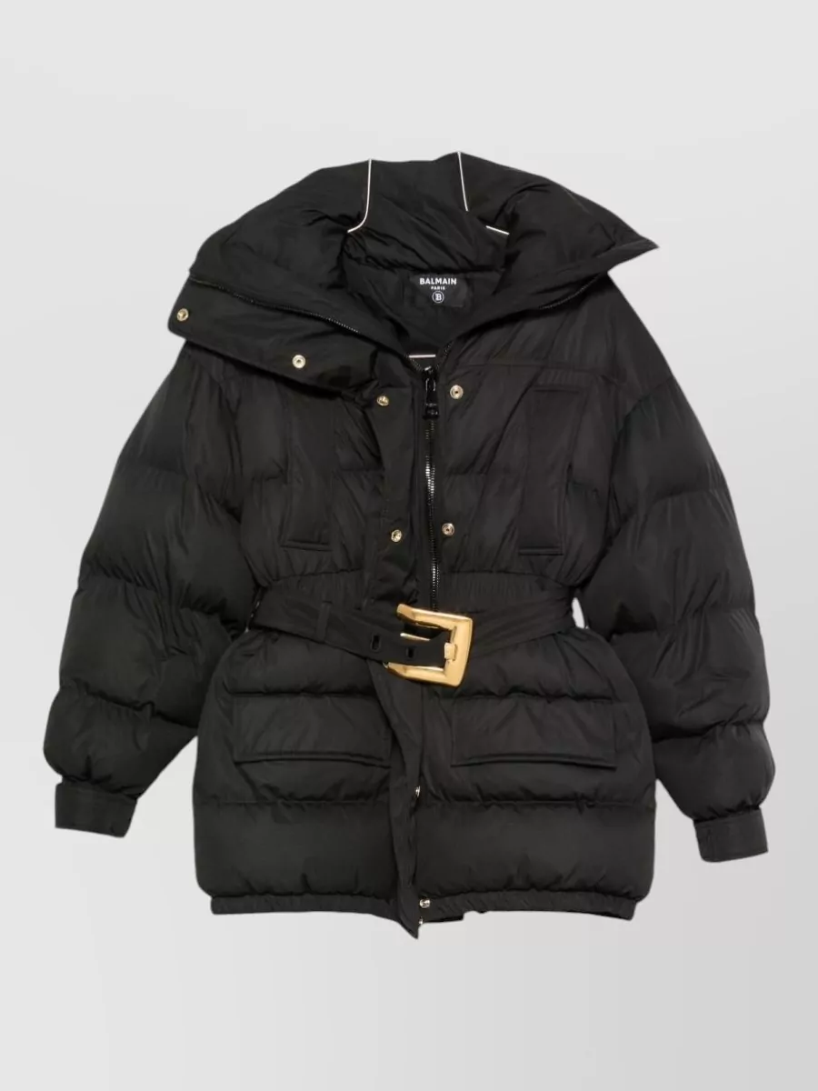 BALMAIN QUILTED HOODED COAT BELT WAIST HARDWARE