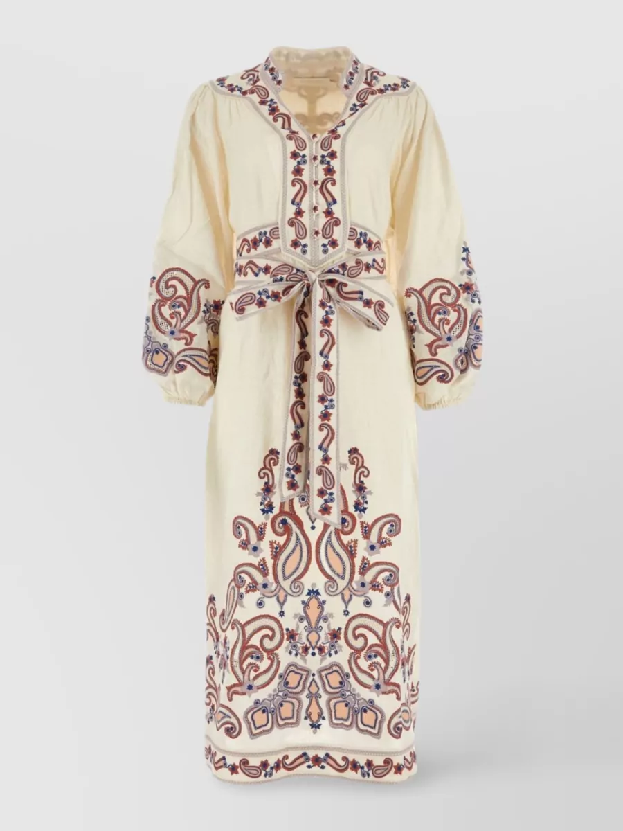 Shop Zimmermann Linen Devi Embroidered Dress In Cream