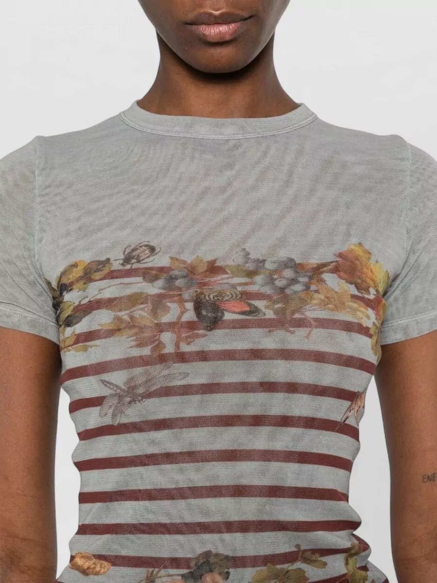 Jean Paul Gaultier Short Sleeve Round Neck Sheer Stripe Floral Top