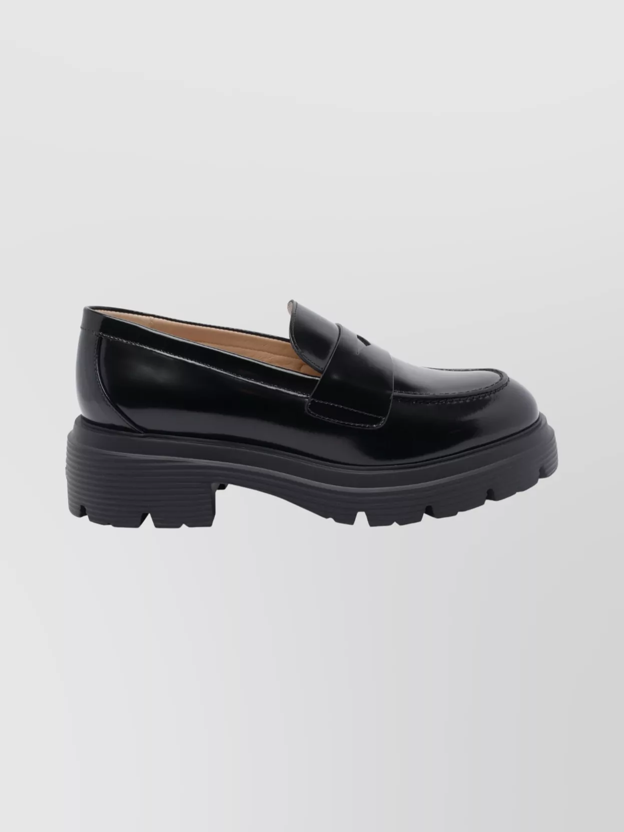 Stuart Weitzman Round Toe Chunky Sole Glossy Loafers In Black