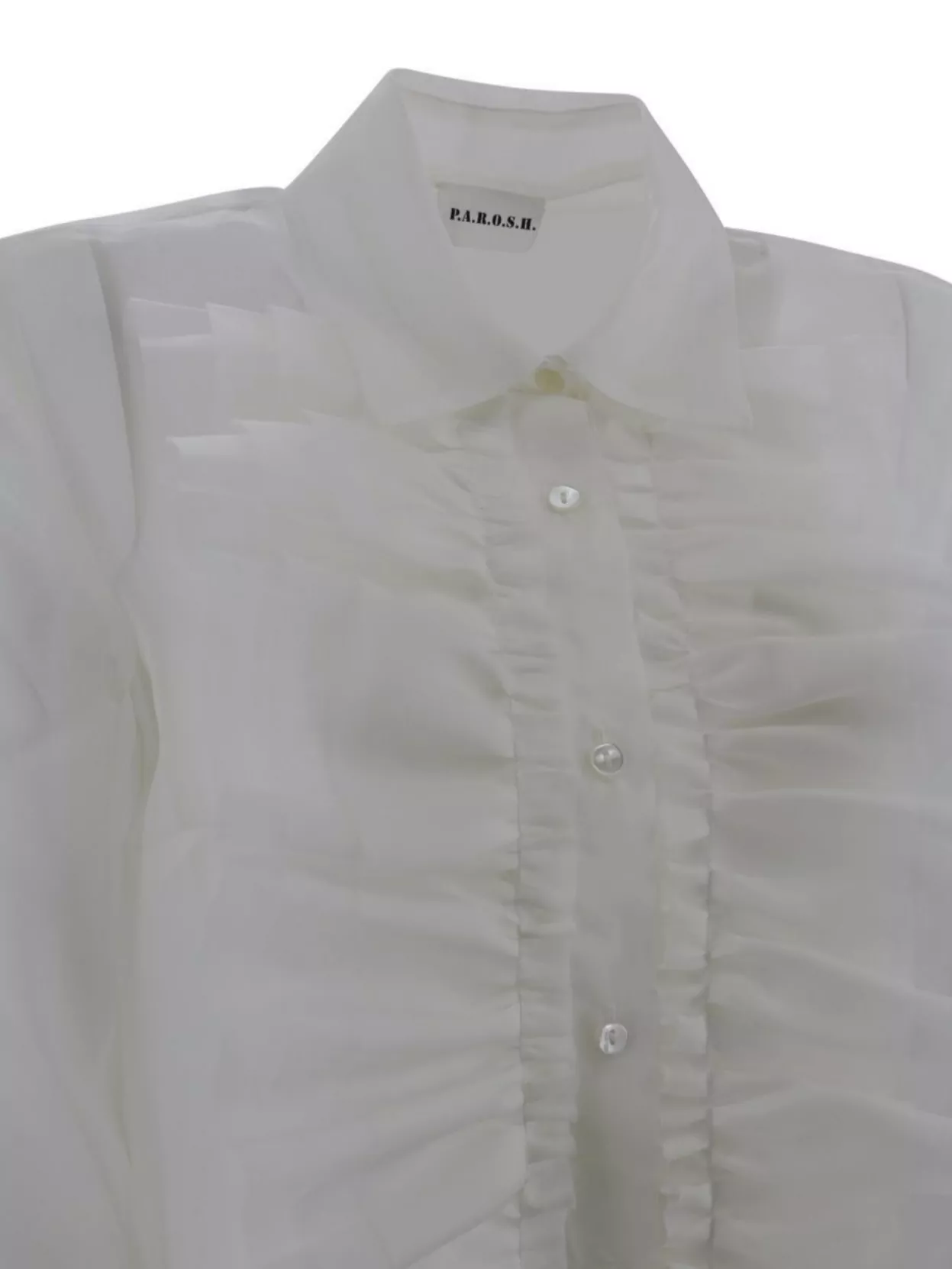 P.a.r.o.s.h Casual Long Sleeves Collared Neck Ruffled Front In White