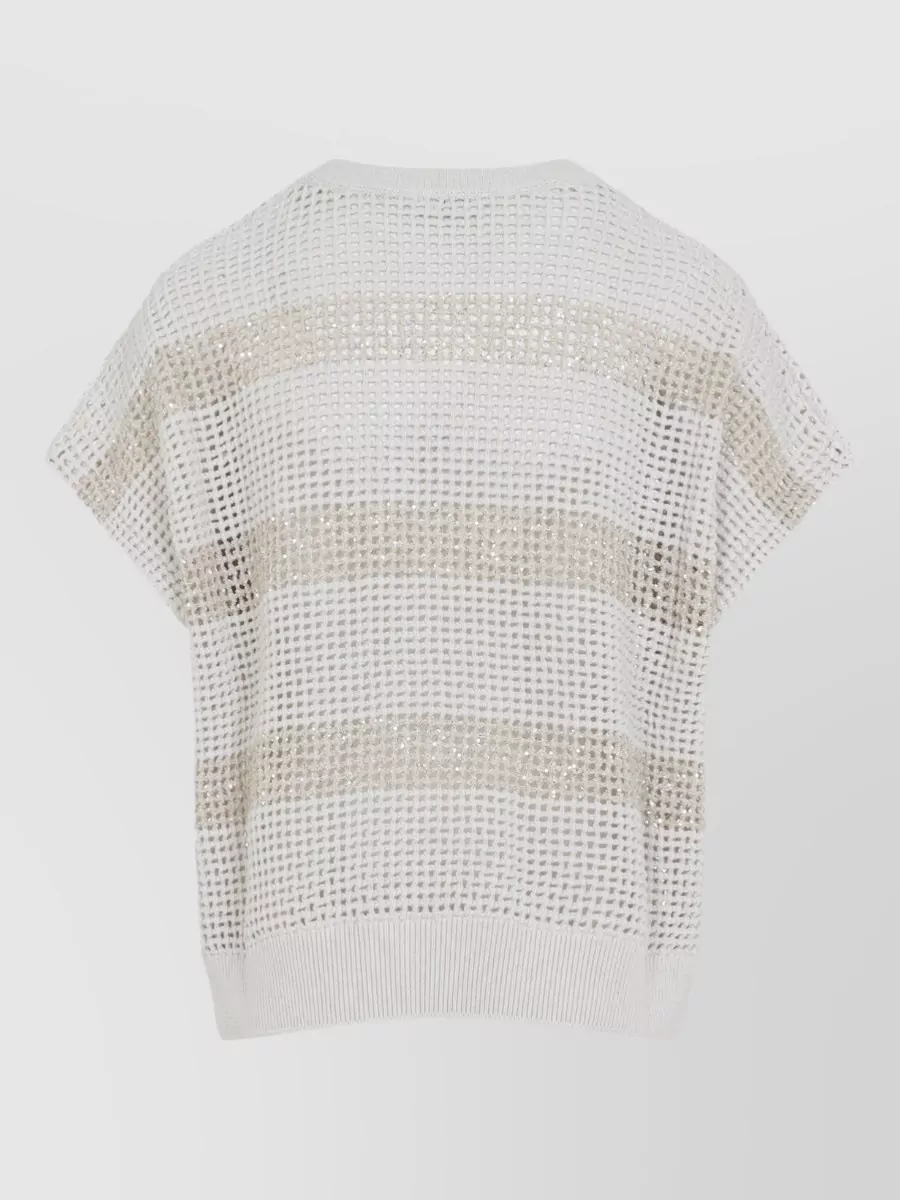 Brunello Cucinelli Striped Openwork Cotton Short-Sleeve Jumper