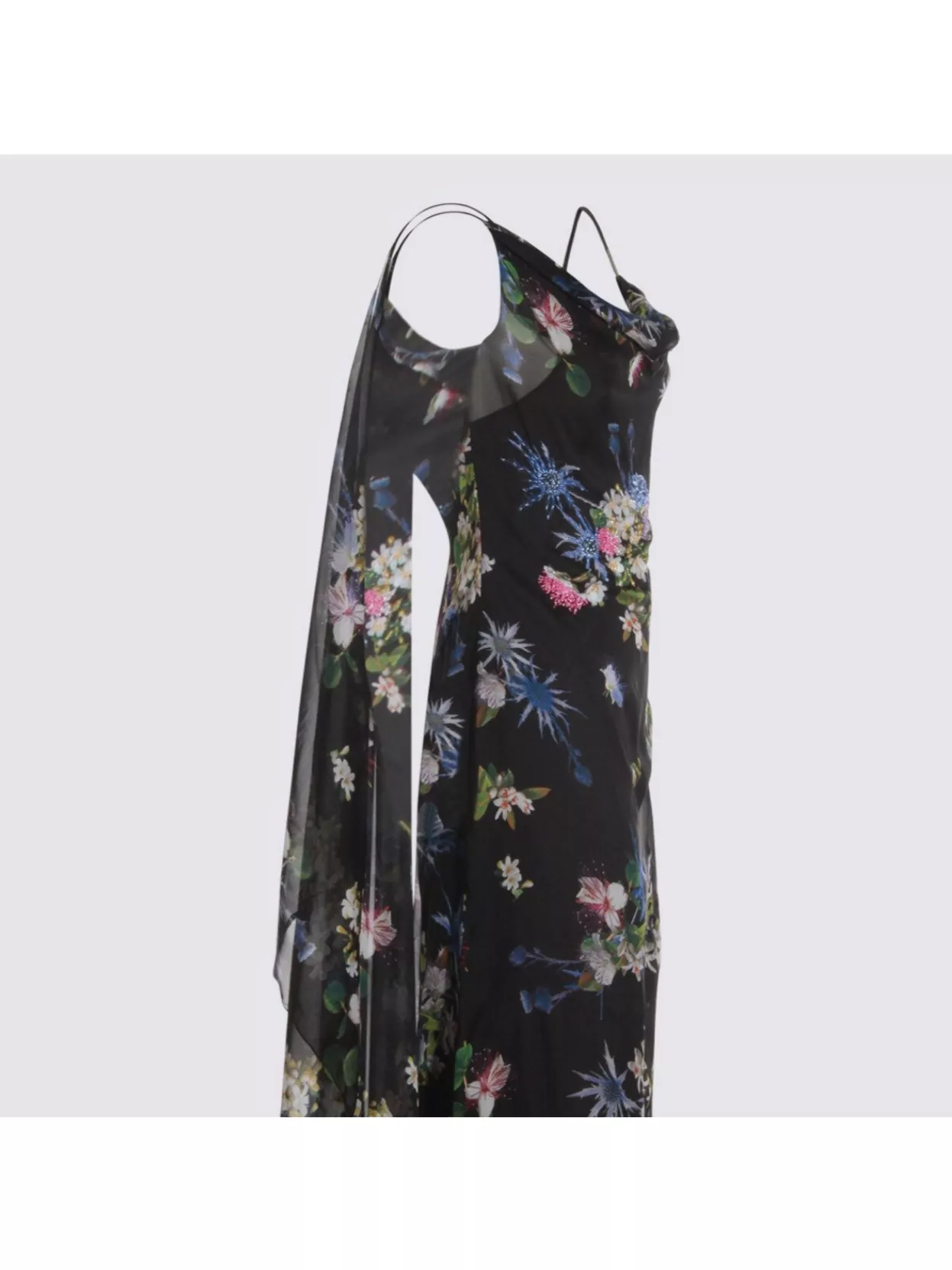 Blumarine Floral Asymmetric Sheer Spaghetti Strap Dress