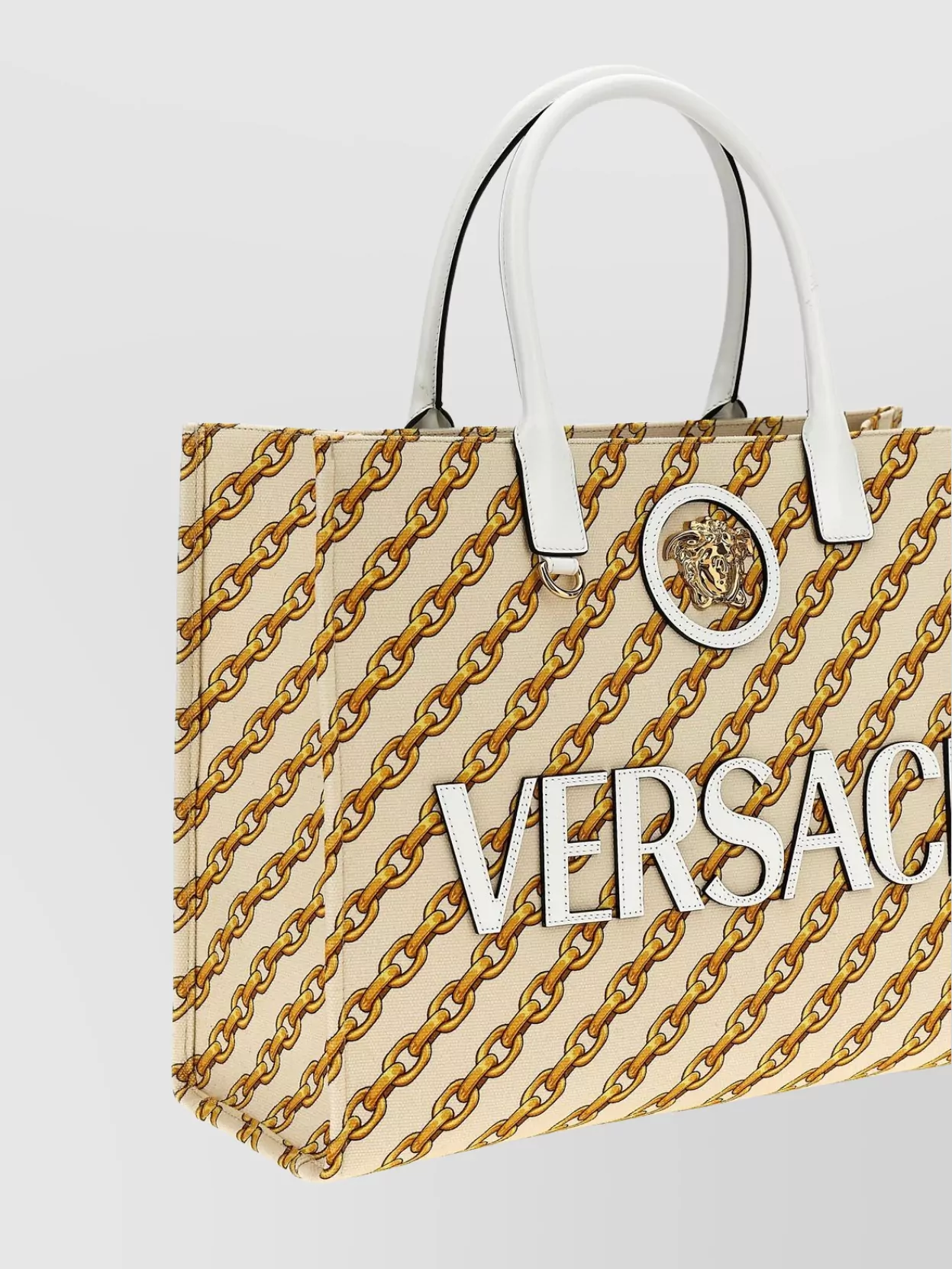 Versace Striped Chain Top Handle Tote Bag