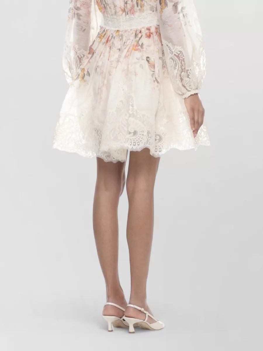 Zimmermann Silk Linen Lace-Trimmed Floral-Print V-Neck Long-Sleeve Mini Dress