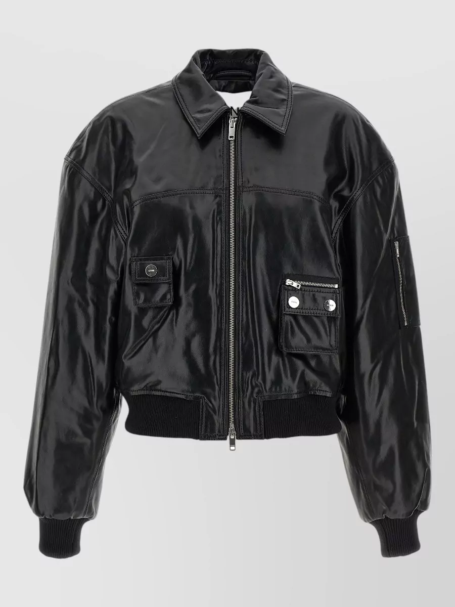 Ganni Leather ribbed bomber jacket