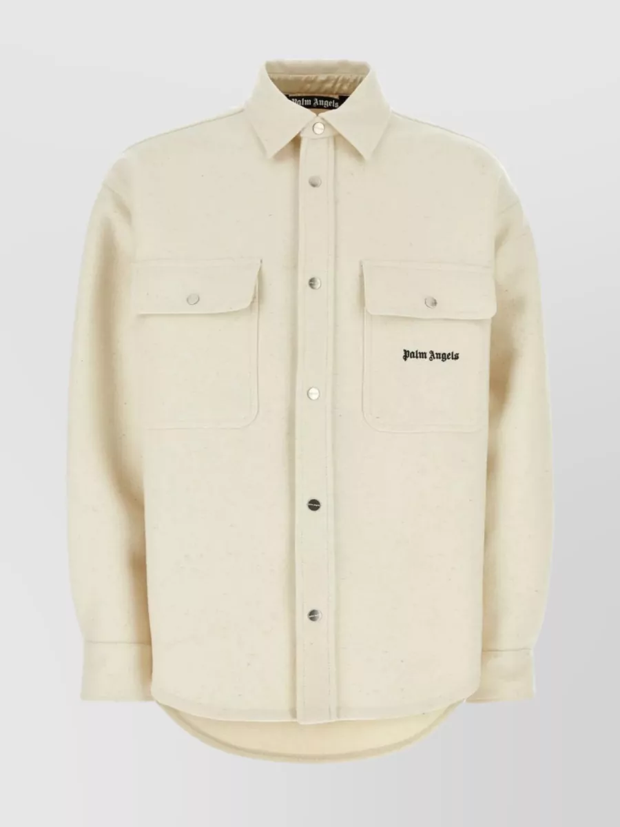 Shop Palm Angels Woolen Shirt With Back Yoke And Chest Pocket In Cream