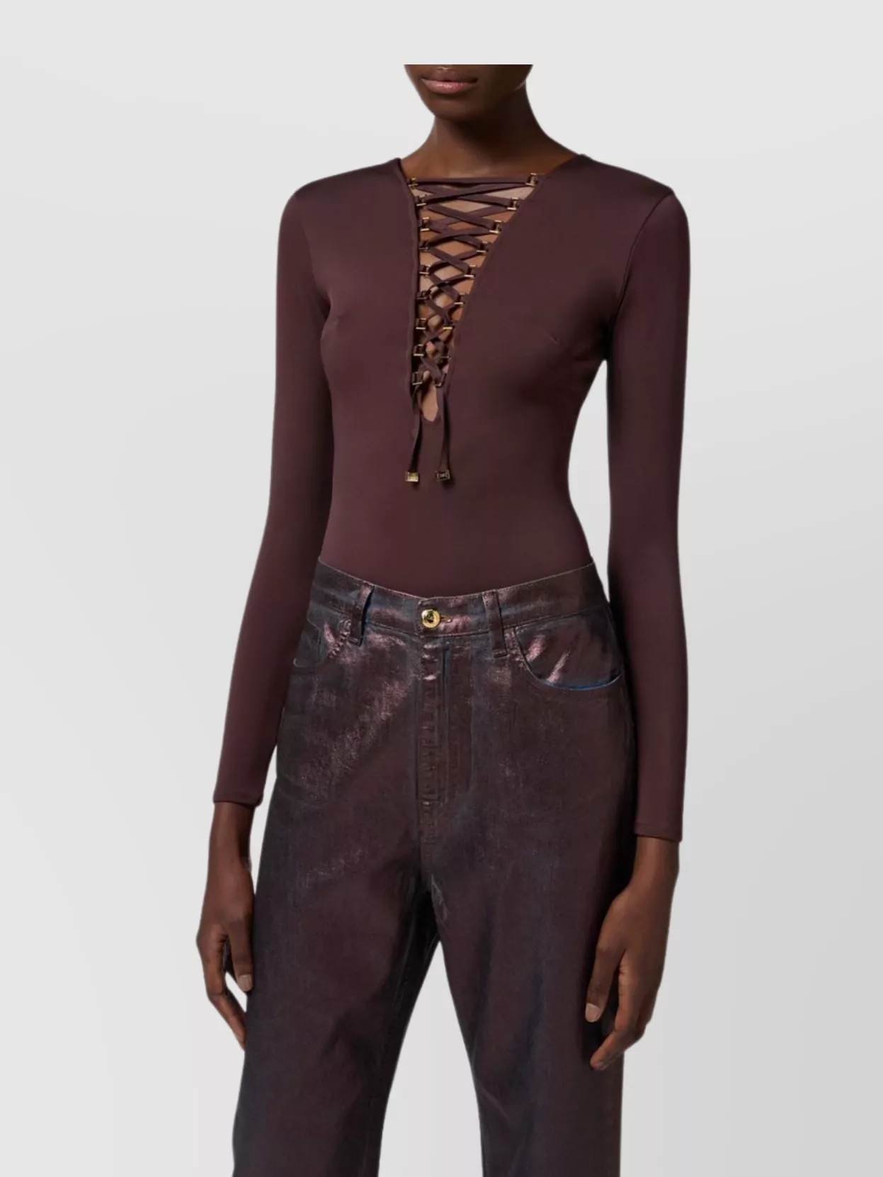Elisabetta Franchi Bodysuit In Jersey Fabric With Laces In Brown