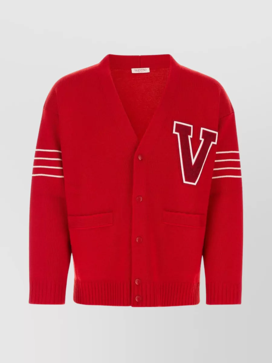 Shop Valentino Wool Cardigan With Striped Sleeve Detail In Red