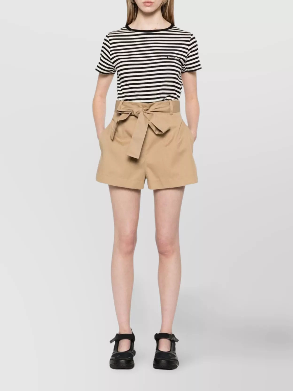 Moncler Belted High Waist Cotton Blend Shorts