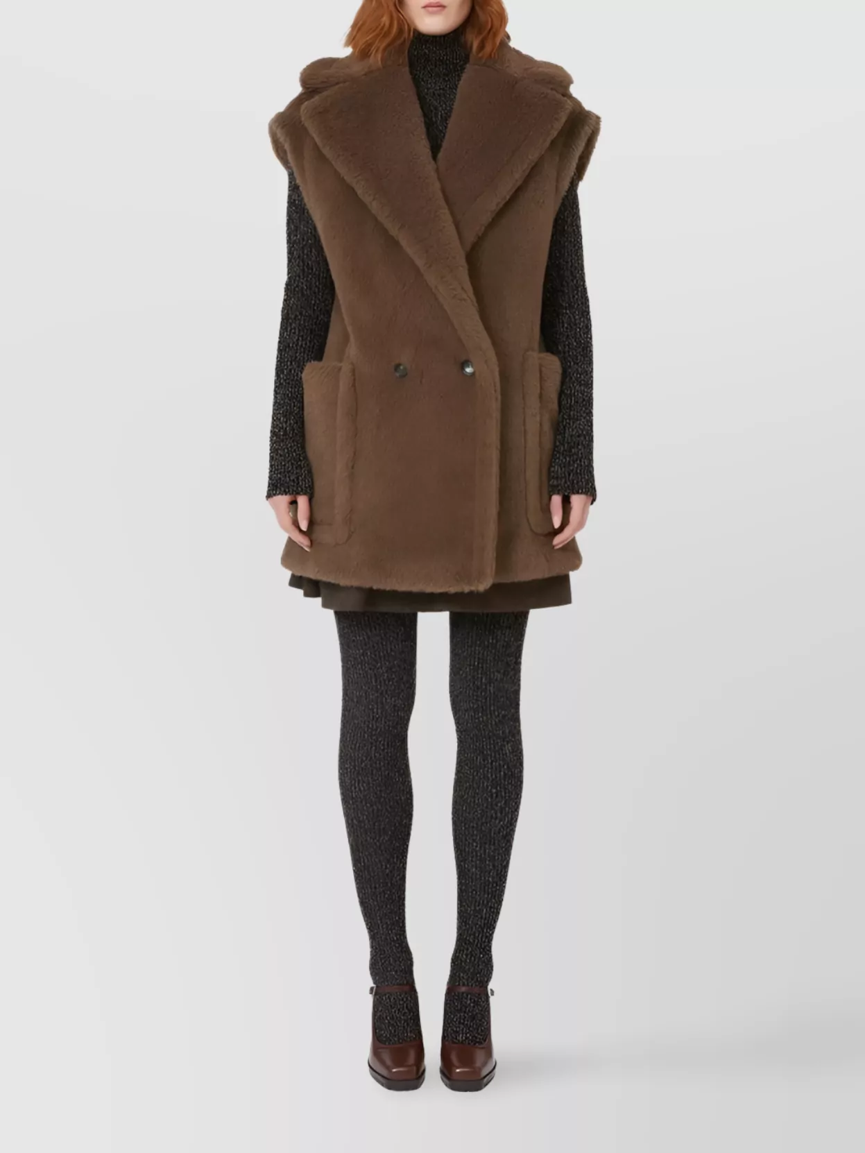 Max Mara Oversized Double-breasted Teddy Vest Coat In Brown