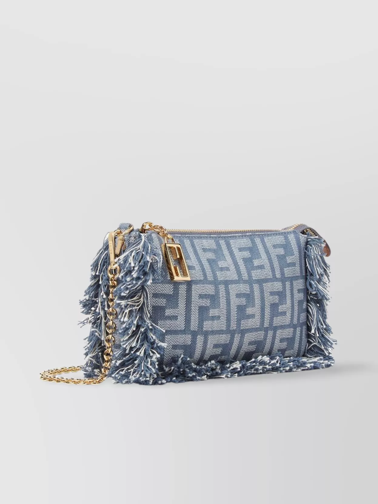 Fendi Denim Chain Strap Charm Jacquard Fringe Clutch