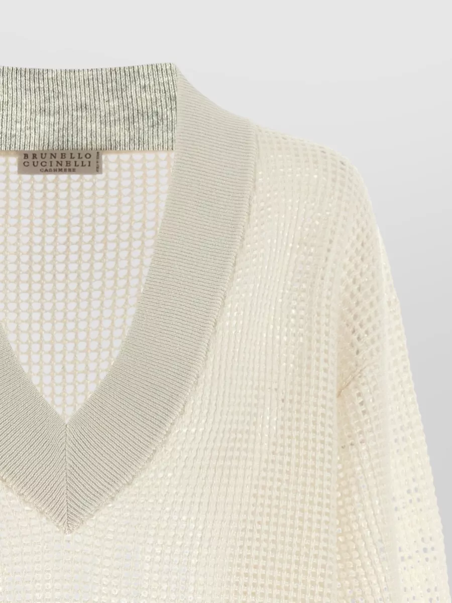 Brunello Cucinelli Cashmere Ribbed V-Neck Mesh Jumper