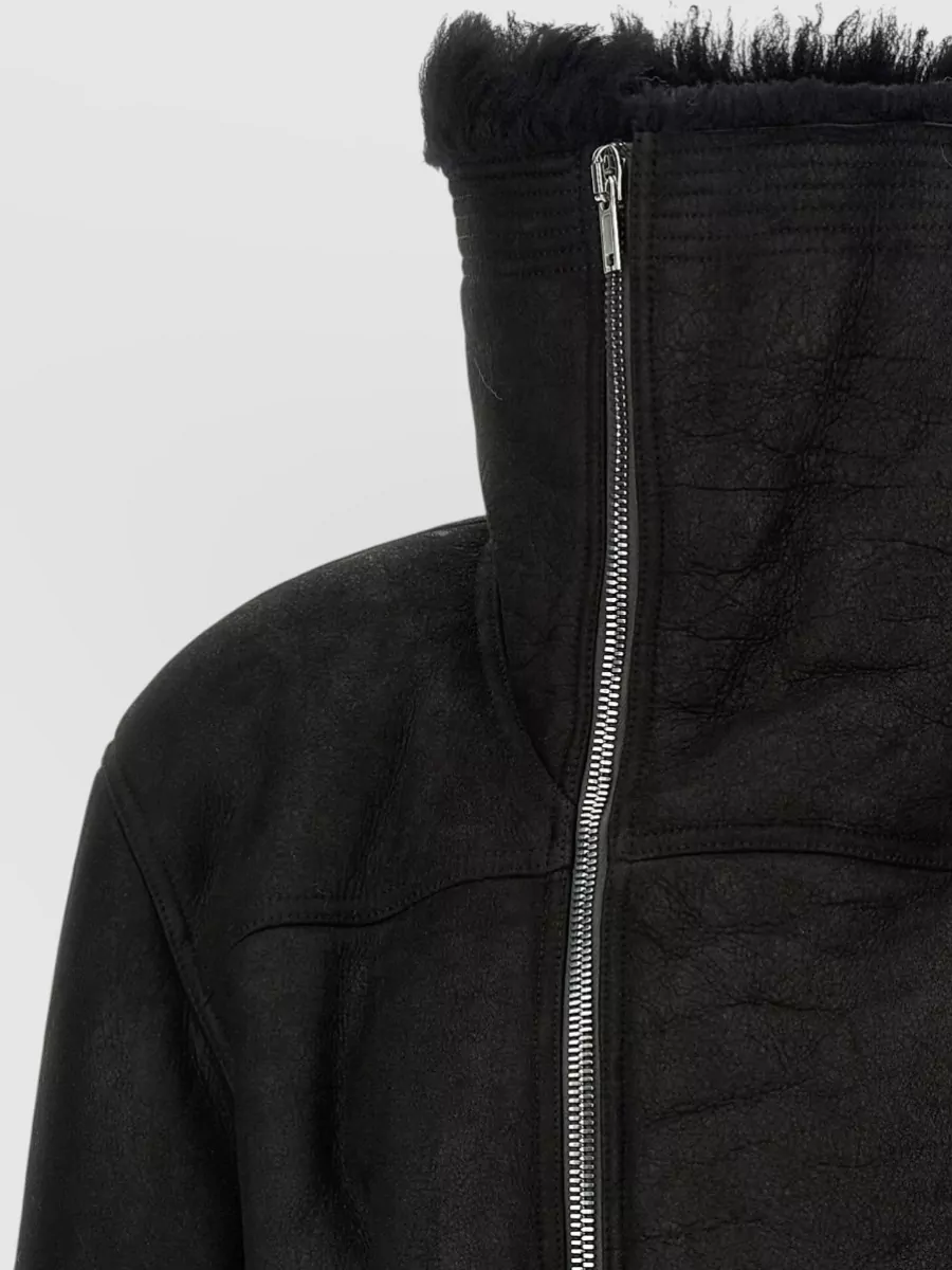 Rick Owens Shearling Cropped Belted Funnel-Neck Jacket