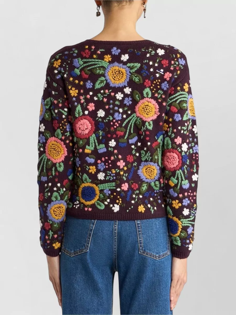 Etro Wool Floral-Embroidered Regular-Fit Crew-Neck Cardigan