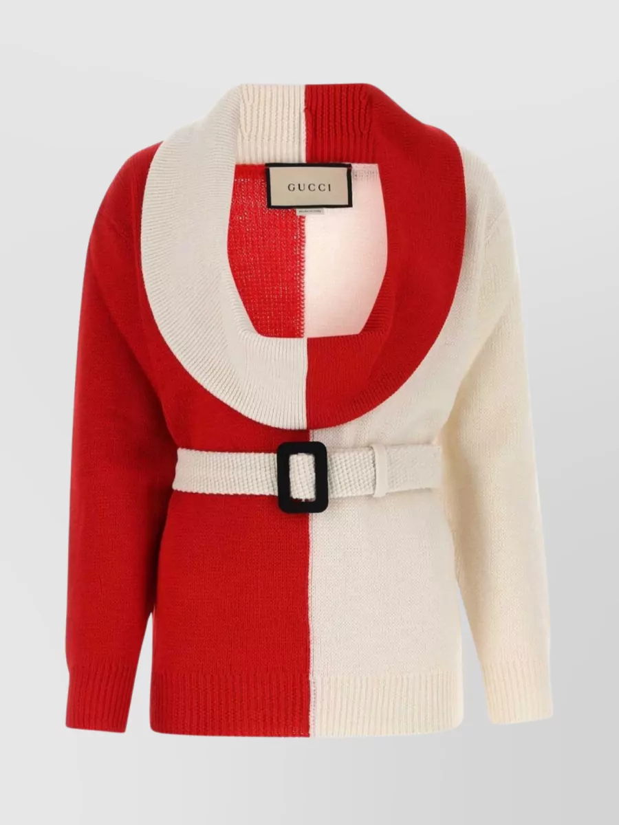 Shop Gucci Ribbed Trim Dual-tone Knit Sweater In Burgundy