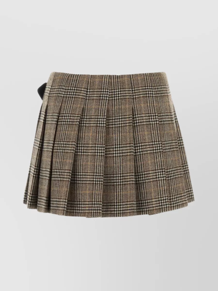 Shop Prada Silk Mini Skirt With Embroidered Check Pattern In Brown