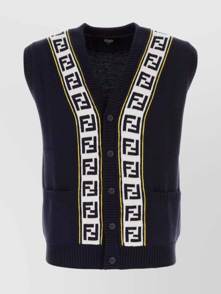 Shop Fendi Wool V-neck Vest With Front Slit Pockets In Blue