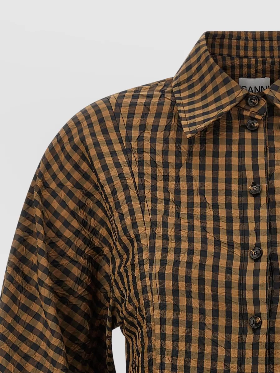 Ganni Crinkled Taffeta Blouse Peplum Check Design In Brown