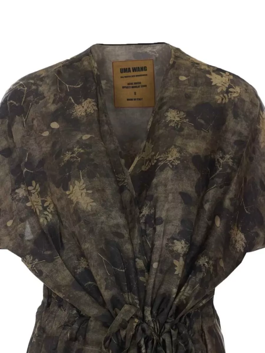 Uma Wang Floral Print V-Neck Short-Sleeve Midi Dress