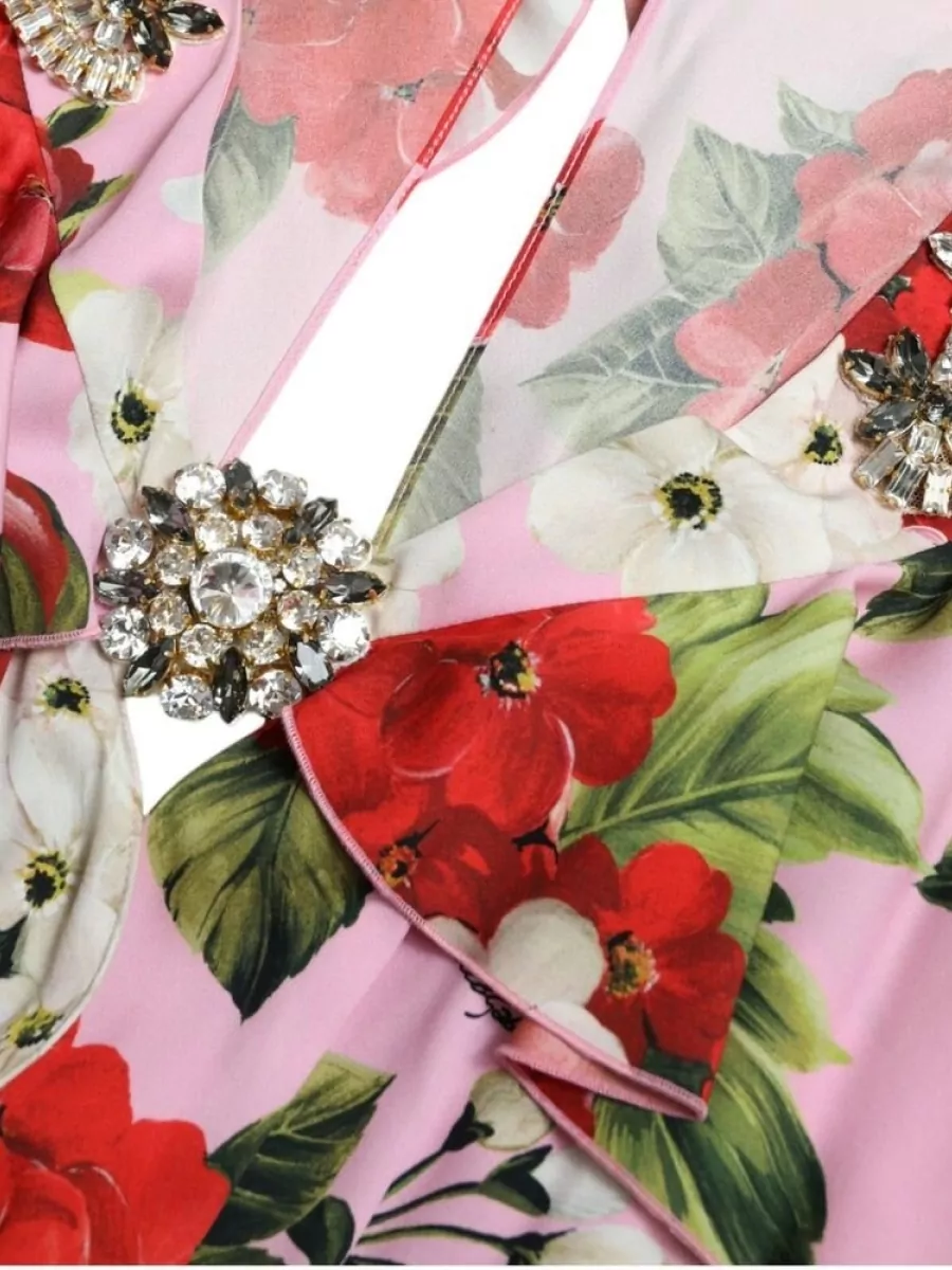 Dolce&Gabbana Silk Floral Print Crystal Embellished Short Sleeve V-Neck Midi Dress