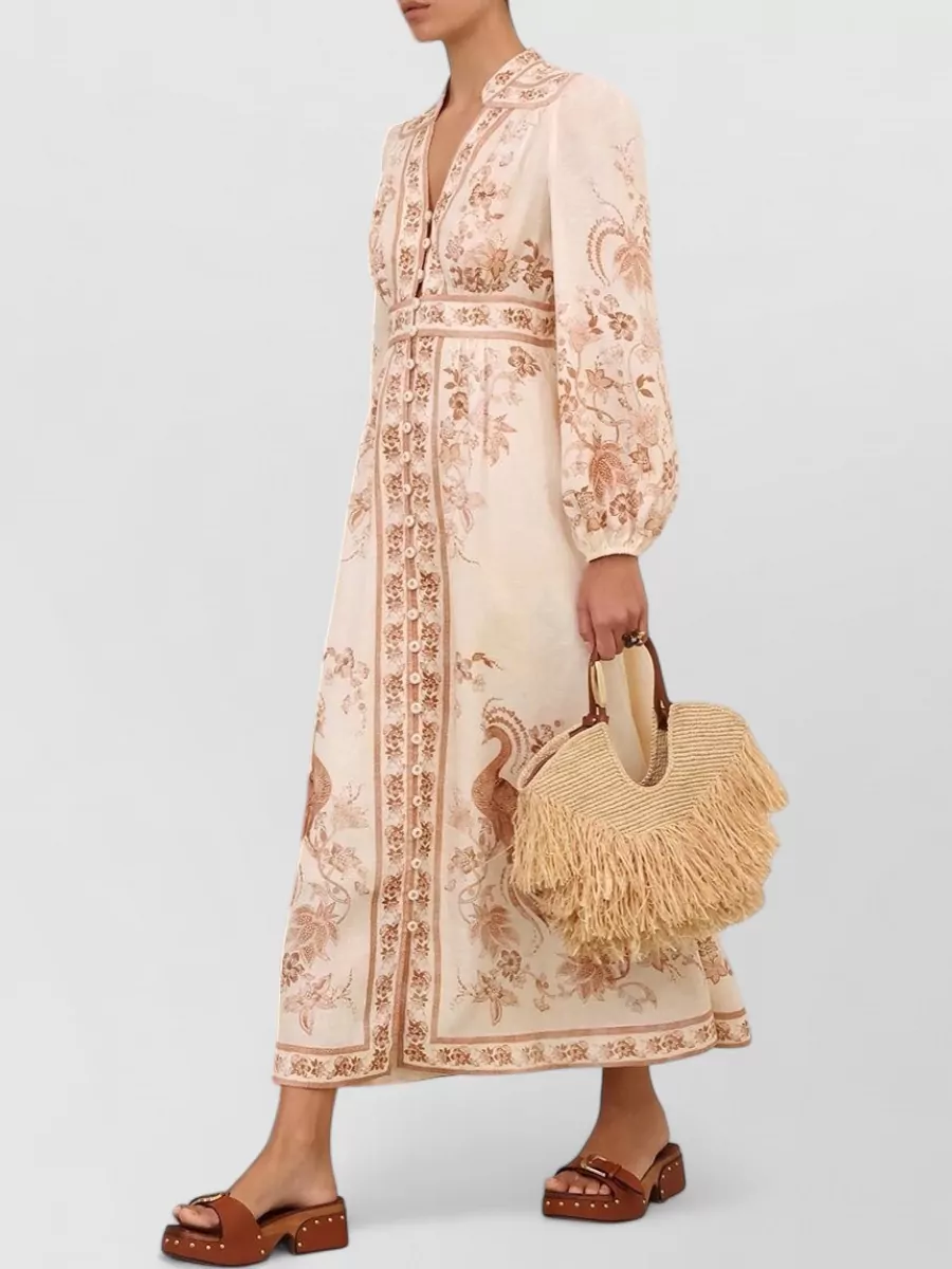 Zimmermann Linen Floral-Print Long-Sleeve V-Neck Maxi Dress