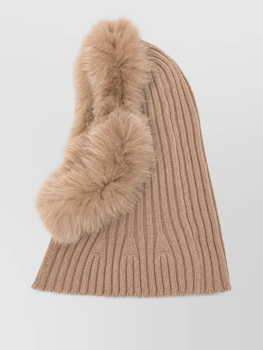 Yves Salomon ribbed wool cashmere fur trim balaclava