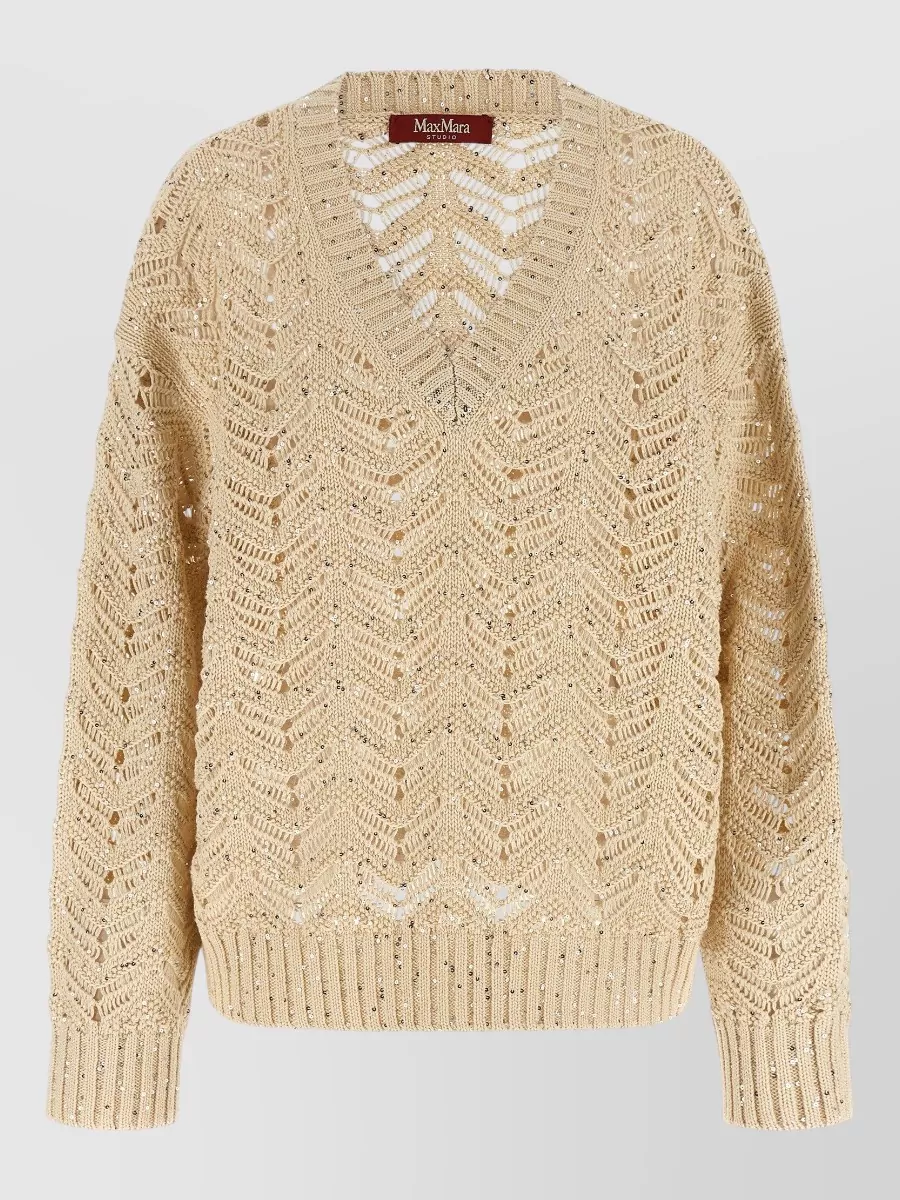 S Max Mara Cotton Chevron-Knit Sequin V-Neck Long-Sleeve Sweater