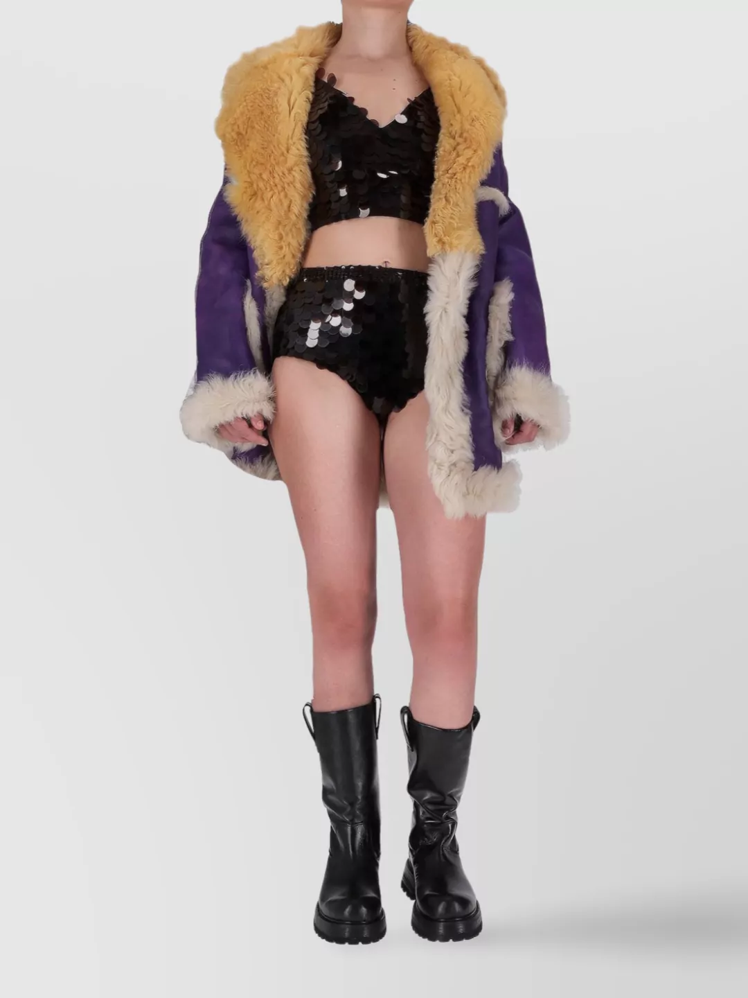 Prada Two-tone Coat With Faux Fur Trim In Multi