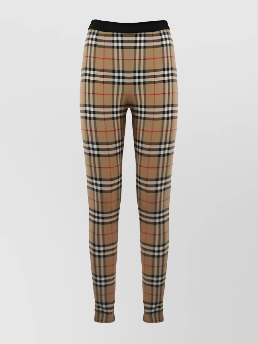 Shop Burberry Stretch Vintage Check Leggings With Logo Waistband In Brown