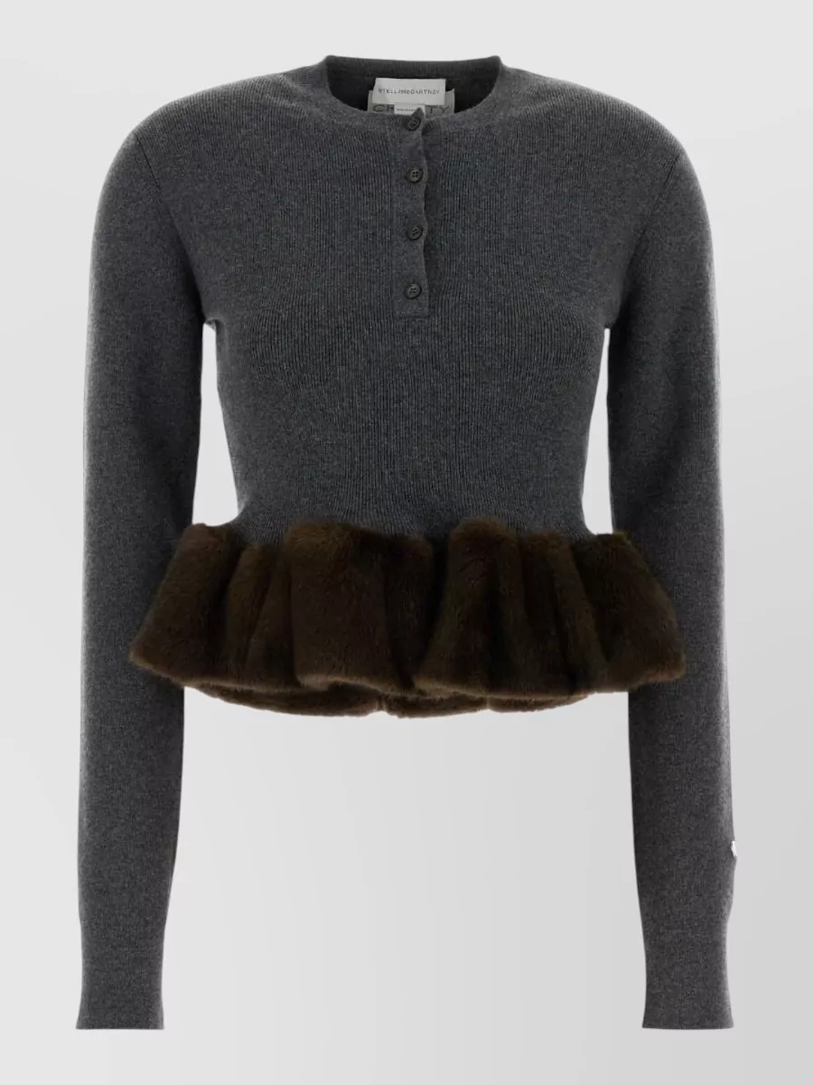 Stella Mccartney ribbed peplum faux fur trim wool jumper