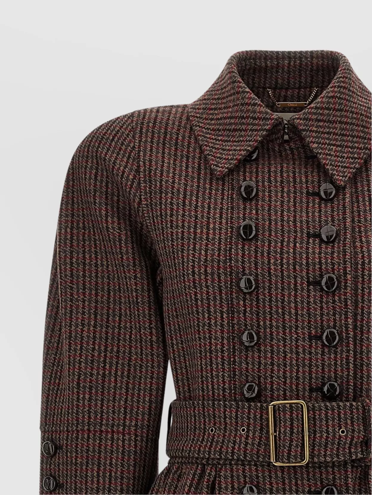 Chloé Chloe Houndstooth Double-breasted Belted Wool Coat In Brown