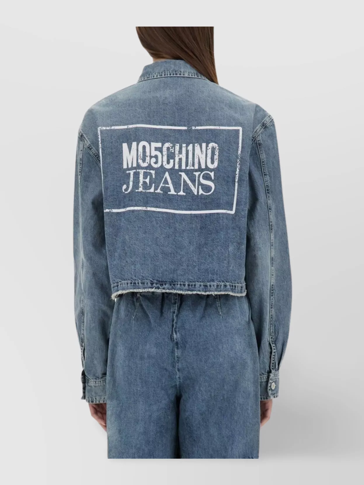 Shop Moschino Pocketed Cropped Denim Jacket