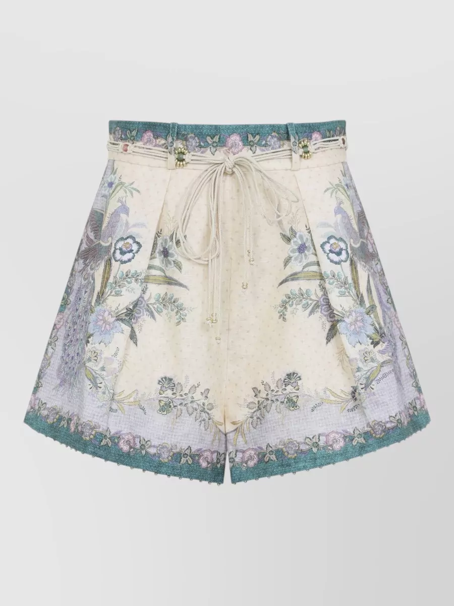 Zimmermann Indra Linen Tailored Shorts Beaded Hem In Blue