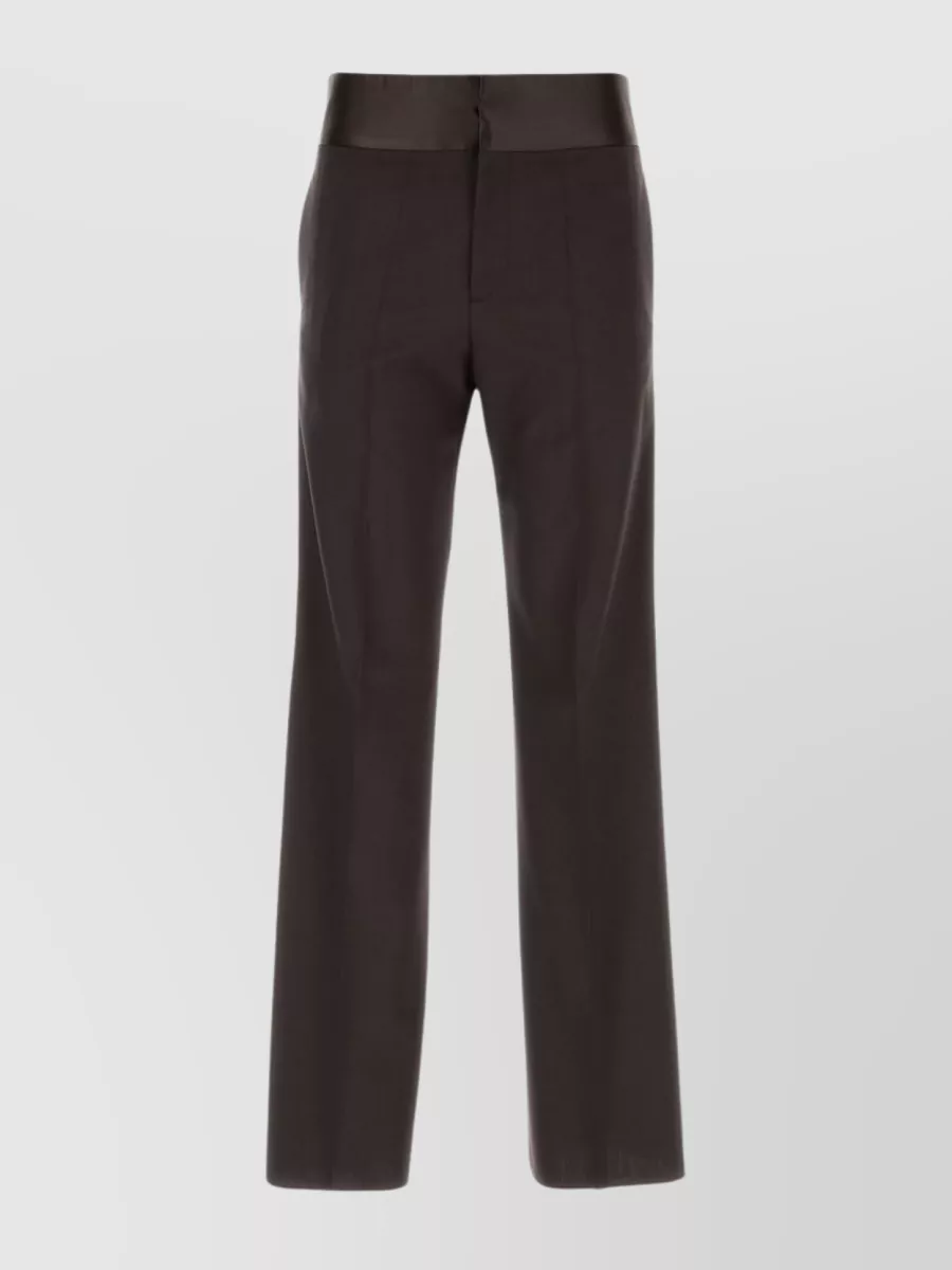 Shop Valentino Pleated Wide-leg Wool Trousers With Satin Bands In Brown