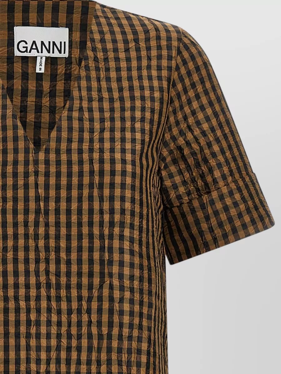 Ganni Crinckled Taffeta Checkered Dress Gathered Waist