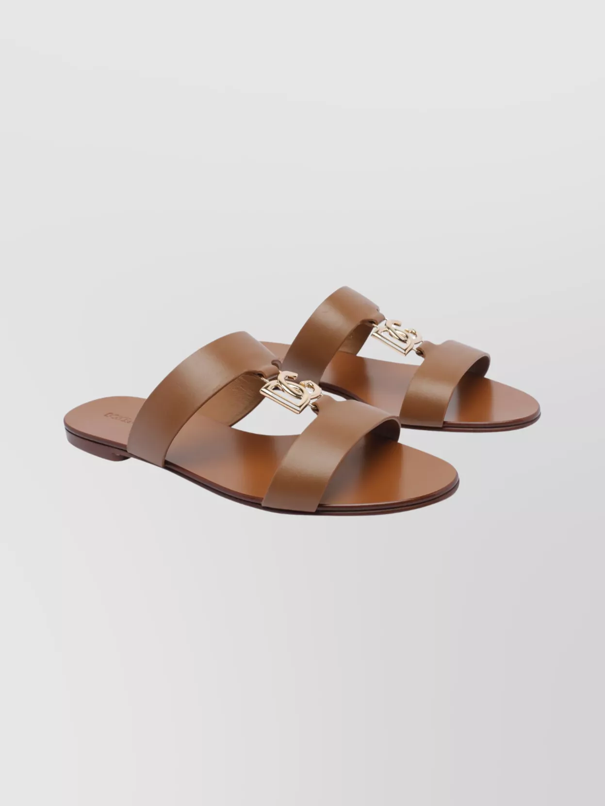 Dolce & Gabbana Round Toe Open Sandals With Golden Logo In Brown