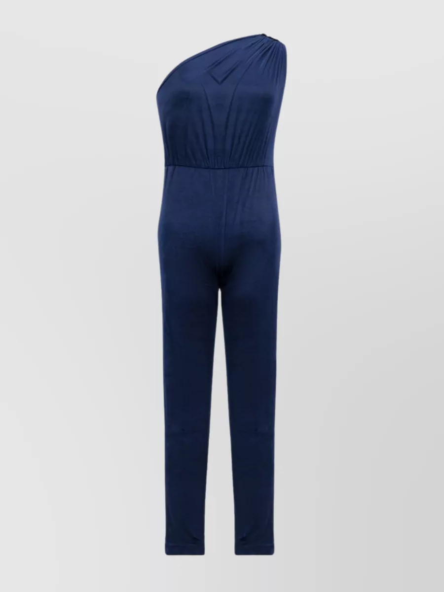 Shop Atlein Lvet Gathered One-shoulder Slim Cut Jumpsuit In Blue