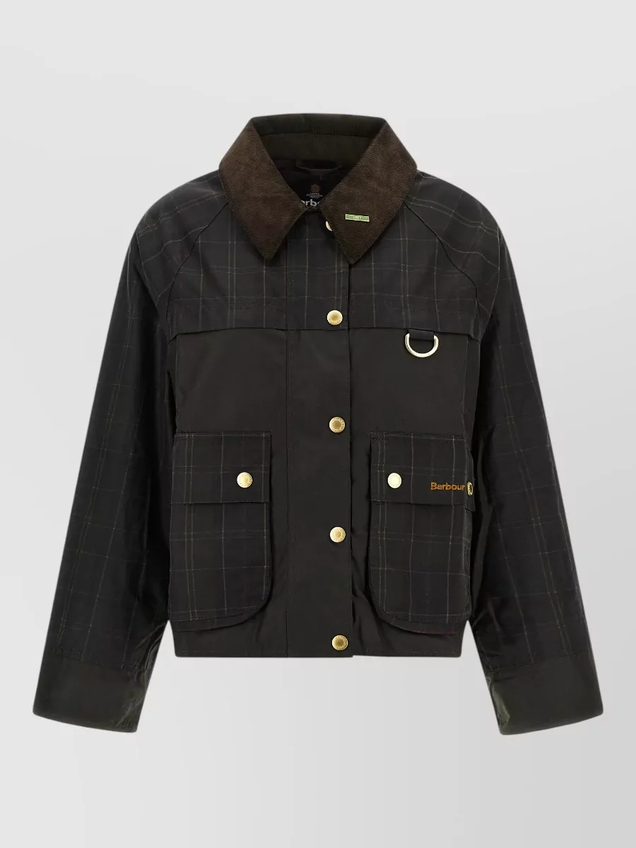 Barbour waxed cotton tartan cropped single breasted coat