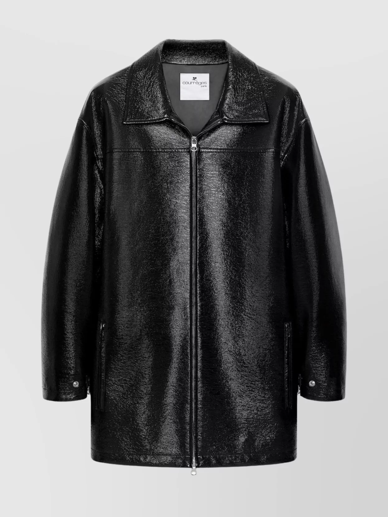 Courrèges Long Vinyl Bomber Jacket With Belted Waist In Black