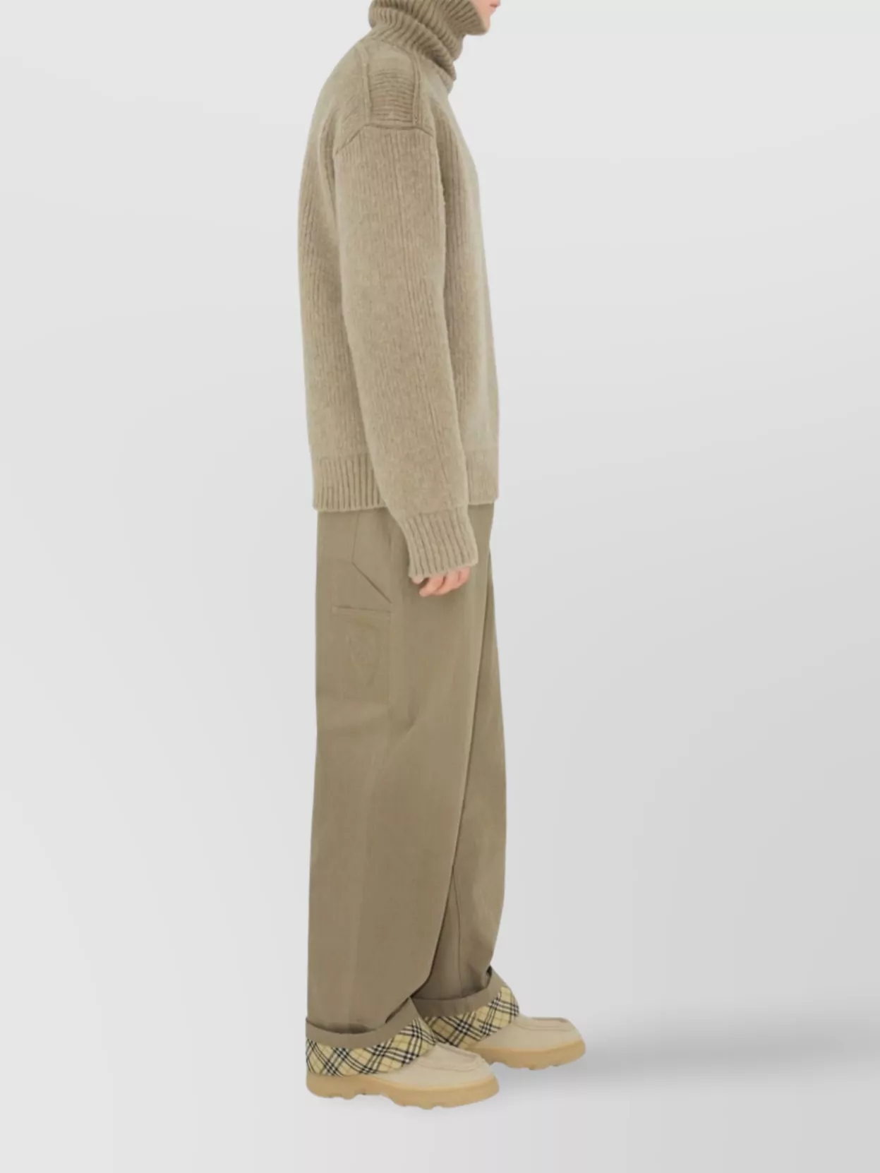 Burberry Beige Pants With Logo Embroidery On The Side And Turn-up Checked Hem In Cotton Man In Green
