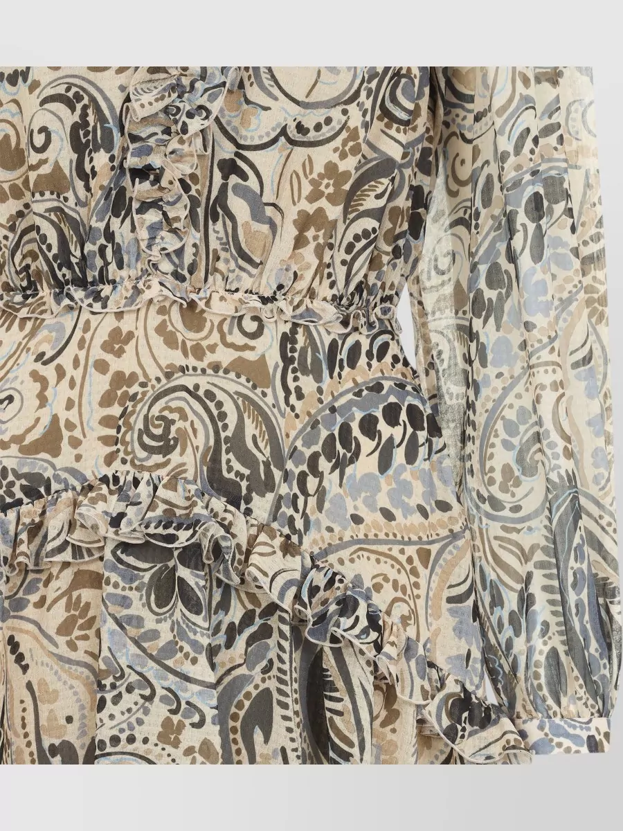 Etro Paisley Ruffled High-Neck Long-Sleeve Mini Dress